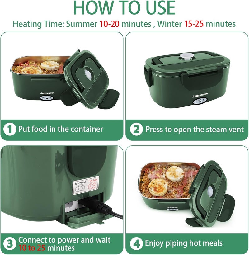Andmenow Electric Lunch Box 80W Food Heater with Dual Container, Portable Lunch Warmer for Adults, Upgraded Heated Lunch Box for Car/Truck/Office,110/24/12V 1.5L Green - Image 3